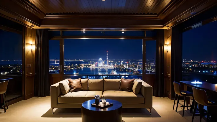 masterpiece, best quality,((Photo-realistic)),barlounge,elegant,wide,High ceilings,night view