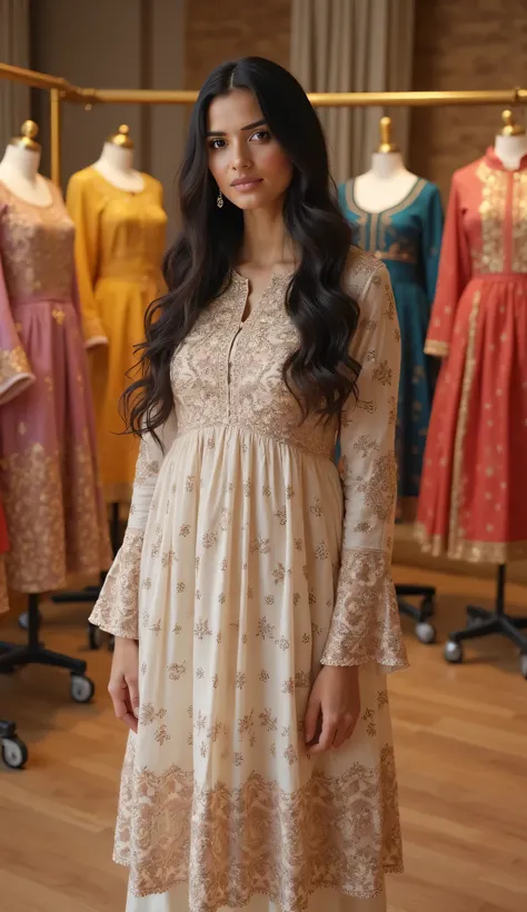 A young woman with long, wavy dark hair stands gracefully in a high-end designer studio, showcasing an elegant kurta. The studio is well-lit, with mannequins dressed in stylish ethnic wear displayed in the background. Racks of intricately designed kurtas i...