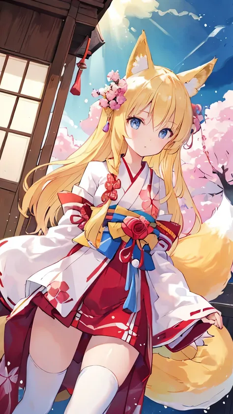 fantastic cherry blossom blizzard background,( fox ears、 shrine maiden clothes 、 long blonde、 red miniskirt 、White Knee-High Socks、)、 anime、 front view, standing picture,{Highly Detailed 16k CG Unit Wallpaper}、 Expansive Landscape Photos 、(Low Angle View F...