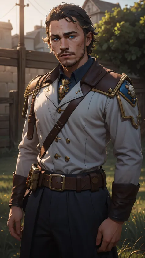 professional photo of Heath ledger with stubble beard in simple brown empire travel uniform with rank insignia on arms and leather belts, brown uniform, bullet bandolier, heathl male_focus, KTemplar, perfect eyes, upper body shot low lighting, moody, large...