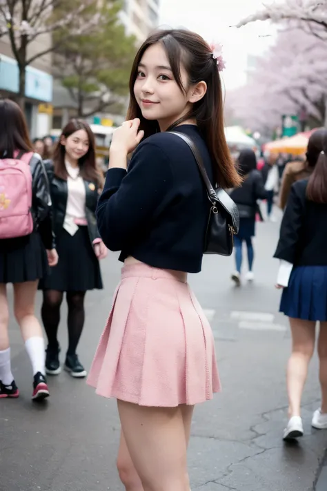 Two girls (20 years old, Japanese pretty face) is wearing high school uniform with mini skirt at cherry blossoms city.