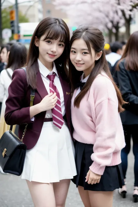 Two girls (20 years old, Japanese pretty face) is wearing high school uniform with mini skirt at cherry blossoms city.