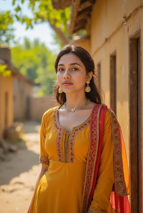 24 year girl in Indian village not modern village rural vibe wearing punjabi patiyala kurta set abcd