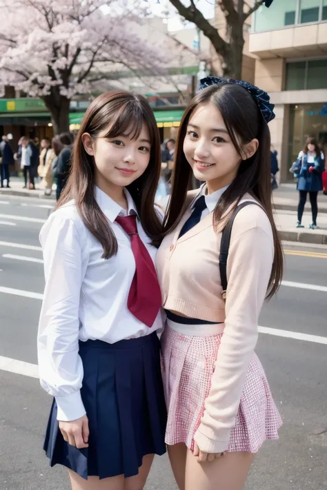 Two girls (20 years old, Japanese pretty face) is wearing high school uniform with mini skirt at cherry blossoms city.