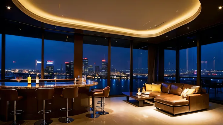 masterpiece, best quality,((Photo-realistic)),barlounge,elegant,wide,(High ceilings),night view