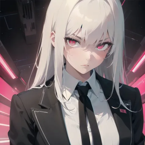 (Masterpiece, Best quality, ultra high resolution), (((1 girl))), In house, woman, white hair, (long straight bang hair), very pale skin, ((((crimson red neon eyes)))), medium size breasts, thick thighs, black formal suit, black pants, (((black long tie)))...