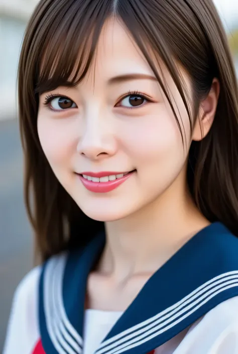 4K, masterpiece,TOP QUALITY, detailed description ,Photorealistic, natural light,1 girl, black and straight hair,smile, sailor suit, skirt flip,white underwear,watch viewers, touch ,standing,School corridor,(looking,for viewer)).live action , Genuine, cute...