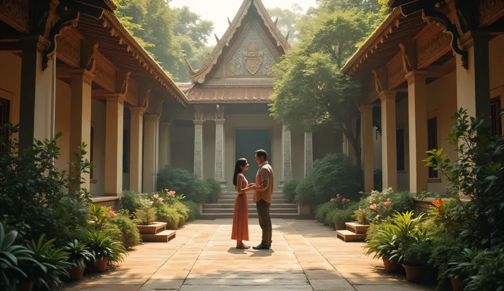  "A quiet Thai courtyard beside an ancient temple, where the two share an intimate, encouraging discussion. Intricate carvings and gentle lighting evoke a sense of spiritual support."