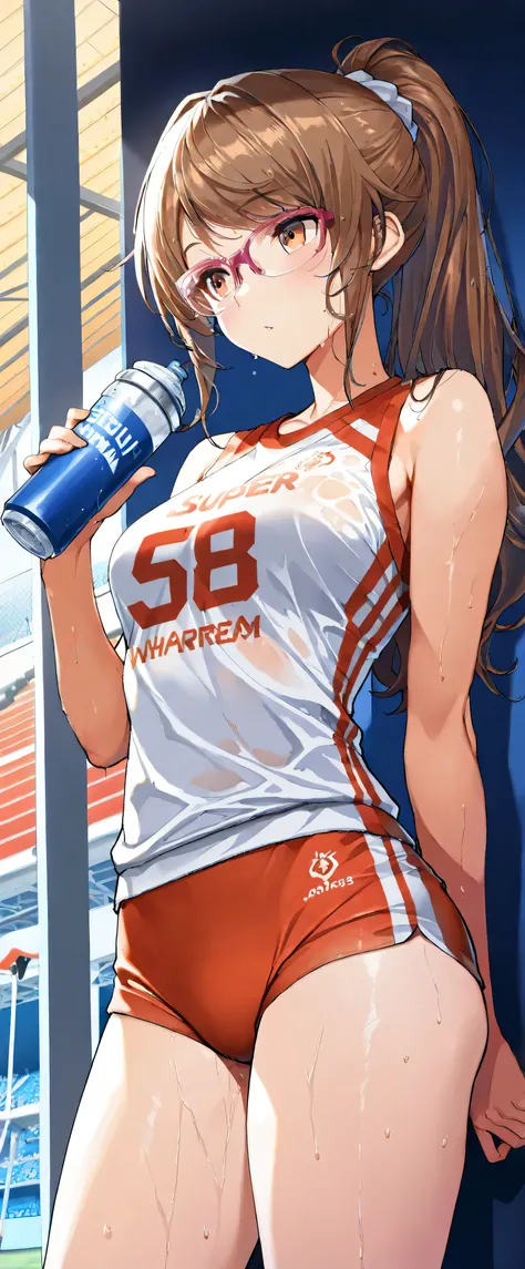 ((( Masterpiece)))、(( top quality))、( super detailed)、(CG illustration)、(Very beautiful woman))、 cinematic light 、((1 Female))、 、(Beautiful and luxurious:1.2)、( One Woman :1.3)Sports Stadium,,((Sleeveless track and field athletes ), I'm sweaty,Beautiful po...
