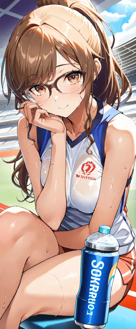 ((( Masterpiece)))、(( top quality))、( super detailed)、(CG illustration)、(Very beautiful woman))、 cinematic light 、((1 Female))、 、(Beautiful and luxurious:1.2)、( One Woman :1.3)Sports Stadium,,((Sleeveless track and field athletes ), I'm sweaty,Beautiful po...