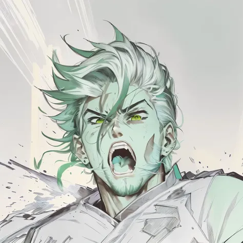 anime character with a white hair and a green shirt, kentaro miura manga art style, kentaro miura manga style, trigger anime artstyle, loish |, intense line art, handsome guy in demon slayer art, heavy gesture style closeup, striking manga artstyle, high q...