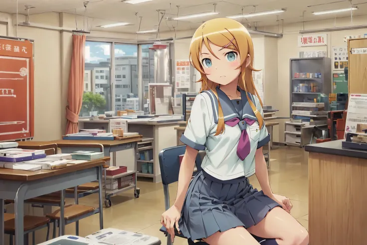 aakirino, long hair, hairclip, school uniform, grey sailor collar, purple neckerchief, white shirt, short sleeves, pleated skirt, grey skirt
