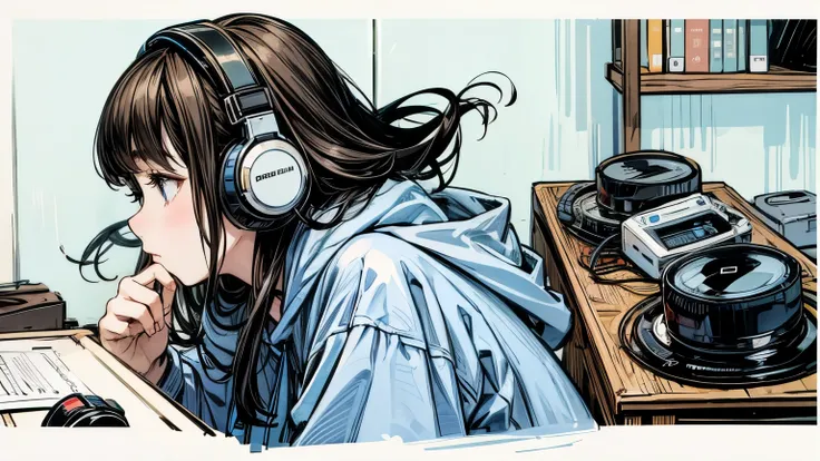 a very cute japanese girl、whole body、Front、 blue hoodie、 black hair、 long hair、headphones