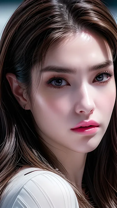 A photo of a 25 year old European girl posing, born, beautiful woman, ( extra long wavy brown hair ), ((portrait)), ((Familiar Face:1.2)), ((familiar facial features)), (finely familiar skin), White Skin, ( White Skirt ), Cyberpunk urban environment , (...