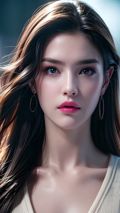 A photo of a 25 year old European girl posing, born, beautiful woman, ( extra long wavy brown hair ), ((portrait)), ((Familiar Face:1.2)), ((familiar facial features)), (finely familiar skin), White Skin, ( White Skirt ), Cyberpunk urban environment , (...