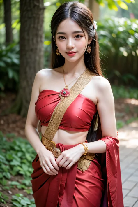8K, ultra high detailed, an thai girl, cute face, happy, long hair, impressive hairstyle, detailed eyes, detailed lips, thai clothes, saree, red saree, lace, wearing jewellery, nature background, flowers, afternoon, shadow, clear weather, whole body captur...