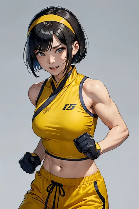  female、 Kung Fu Master、 upper body up、realistic、simple background、fist pose、sweat、scars、(bob cut)、 and laugh、(I wear gloves on both hands)、 headband、(Yellow Chinese Clothing)、(Messy black hair)、 jogger pants 、 trained biceps 、
 