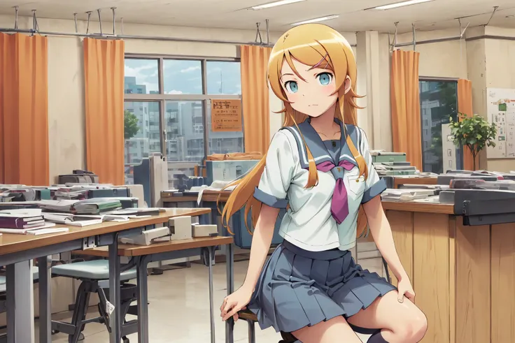 aakirino, long hair, hairclip, school uniform, grey sailor collar, purple neckerchief, white shirt, short sleeves, pleated skirt, grey skirt