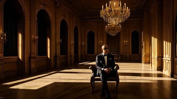 a mafia boss sitting in the center of a grand hall, surrounded by many people, dark and cinematic lighting, wide 16:9 aspect ratio, highly detailed, photorealistic, masterpiece, chiaroscuro lighting, dramatic shadows, intricate architectural details, luxur...