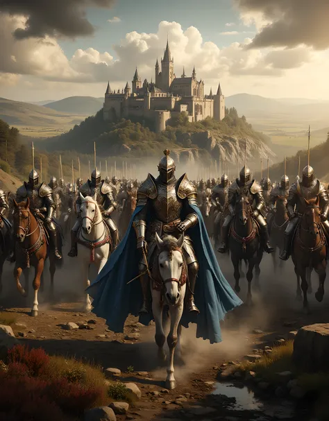 **Prompt:** Create a hyper-realistic panoramic image set in a medieval age where passionate Charlemagne king guarded by blue cape knight cavalry units, they are marching forward into battlefield. Focus on the intricately detailed medieval armored french ki...