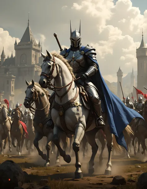 **Prompt:** Create a hyper-realistic panoramic image set in a medieval age where passionate french king guarded by blue cape knight cavalry units, they are marching forward into battlefield. Focus on the intricately detailed medieval armored french king an...