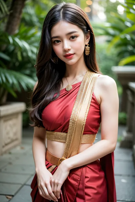 8K, ultra high detailed, an thai girl, cute face, happy, long hair, impressive hairstyle, detailed eyes, detailed lips, thai clothes, saree, red saree, lace, wearing jewellery, nature background, flowers, afternoon, shadow, clear weather, whole body captur...