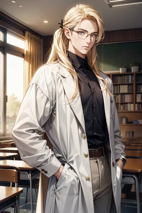 ((Top quality, high resolution, Masterpiece, Anatomically accurate, Highly detailed, Good proportions. Long hair tied low. Good eye proportions, Good body proportions, Good facial proportions.)) Male, professor, Young, Mature, Handsome, ((wearing glasses))...