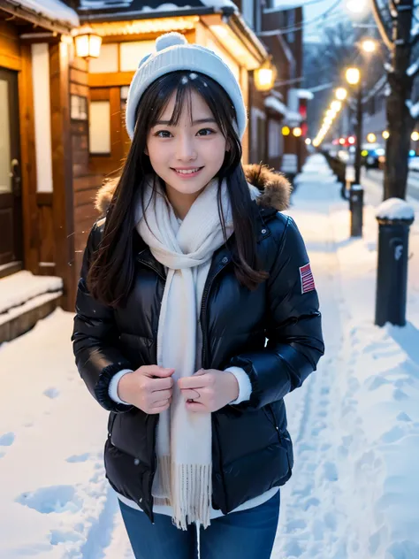 (Best-quality, Masterpiece, Ultra-High-Resolution, (Photorealistic:1.4), Raw Photo), (at snowy street, heavy snowy, snowfall), 1girl, (15-years-old, the most famous Japanese idol), looking at viewer, ((innocent smile)), (((most realistic skins))), wearing ...