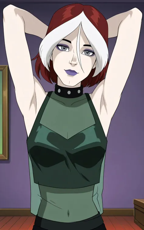 masterpiece, best quality, amazing quality, anime screencap, 1girl, solo, xroguex, dyed bangs, white hair, red hair, hair between eyes, (grey eyes:1.1), makeup, purple lips, collar, crop top, see-through shirt, sleeveless, bare shoulders, bare arms, arms b...