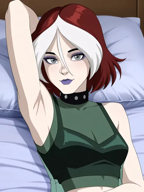 masterpiece, best quality, amazing quality, anime screencap, 1girl, solo, xroguex, dyed bangs, white hair, red hair, hair between eyes, (grey eyes:1.1), makeup, purple lips, collar, crop top, see-through shirt, sleeveless, bare shoulders, bare arms, arm be...