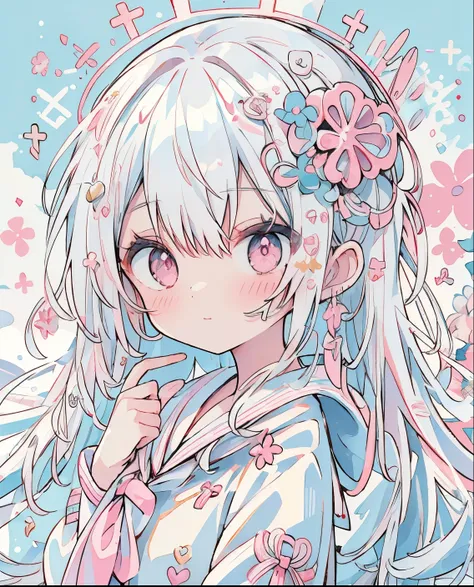 more absurd, hight resolution, (Anime style:1.1), ((masutepiece)), ((Best Quality)), (Ultra-detailed), (Beautiful), solo, Beautiful face、Cute s,Wind,White hair、Hair long、 long、Pink eyes、Hair flutters in the wind、White sailor suit、Light blue tie、cute ligh...