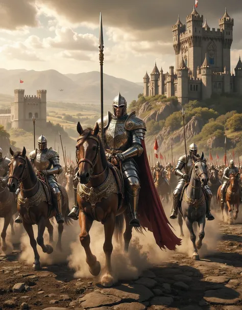 **Prompt:** Create a hyper-realistic panoramic image set in a medieval age where passionate of king 'richard the lionheart' mounted horse guarded by red cape knights horse mounted cavalry orderly units, they are marching forward into battlefield. Focus on ...