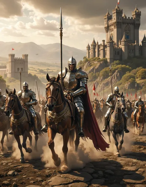 **Prompt:** Create a hyper-realistic panoramic image set in a medieval age where passionate of king 'richard the lionheart' mounted horse guarded by red cape knights horse mounted cavalry orderly units, they are marching forward into battlefield. Focus on ...