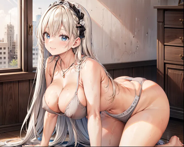 masterpiece、 HD、smiles、(Blonde woman is crawling on the floor on all fours:1.5、 topless:1.5、 thick nipples)、(wearing high-leg thong )、 ( SFW Giant :1.5、cowboy shot)、 blue eyes、blonde hair、 long hair、   white headband 、 necklace、(thong  、 black underwear、ck...