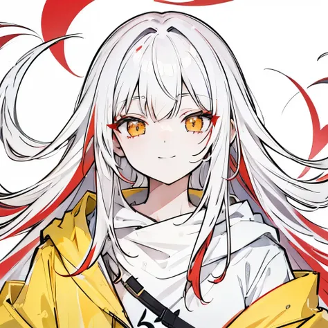  Line Art, masterpiece, TOP QUALITY, Super Detail、smile、 plain background 、oversized hoodie, long hair, white hair、Red hair here and there ,Beautiful bright yellow eyes ,  smugface ,✨✨