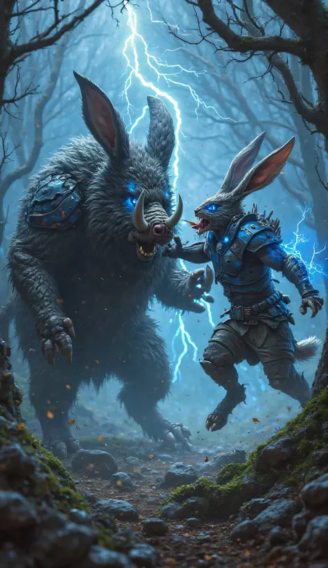 "A monstrous rabbit with glowing blue markings and razor-sharp teeth clashes with a giant, armored boar in a dark, stormy forest. The boar’s tusks are like daggers, crackling with electric energy as it charges. The rabbit snarls, dodging just in time befor...