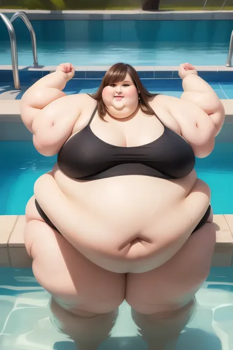 1girl, ((ssbbw)), ((realistic rendering)),fat rolls, hyper blob, extremely obese, ((massive belly)) low neckline, ,starfish position,put hands stomach,sitting,split legs,side view,grabbing chest,bed room,delicate chin.hair over one eye brown hair,long hair...