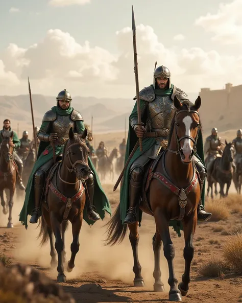**Prompt:** Create a hyper-realistic panoramic image set in a medieval age where passionate of sultan 'saladin' mounted horse guarded by green cape arabic warrior horse mounted cavalry orderly units, they are marching forward into battlefield. Focus on the...