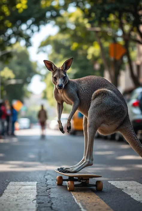 Highly realistic kangaroo riding a skateboard down the street. Background of a wide street with lots of trees. High quality real footage and definition. Hyper-realistic