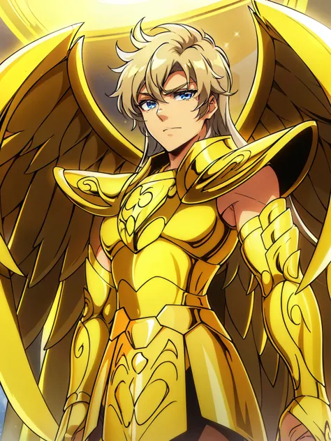 (high-quality, breathtaking),(expressive eyes, perfect face) 1boy, male, solo, blonde hair, long hair length, silver eyes, positive expresion, gold background, portrait, symmetrical eyes, SagittariusArmor, armor, golden armor, wings, long metal wings, long...