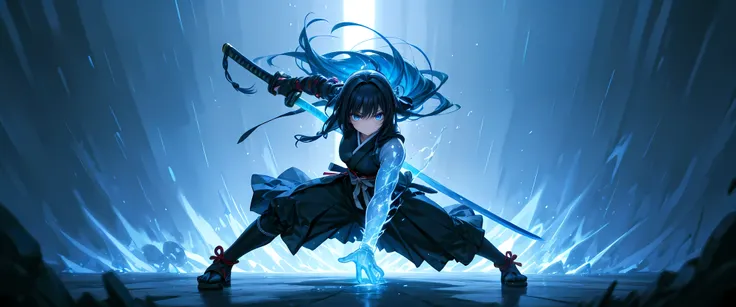 best quality, high detailed, Samurai Girl, mechanical right arm, iai stance, katana, big weapon, frozen arm, cold blue flame, Slash effect, serious, beautiful eyes, super fine eyes