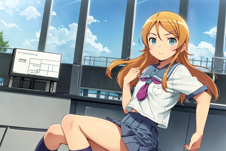 aakirino, long hair, hairclip, school uniform, grey sailor collar, purple neckerchief, white shirt, short sleeves, pleated skirt, grey skirt