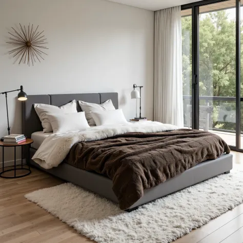 The image shows a modern and cozy bedroom with a double bed centered on the scene. The bed has a gray upholstery on the headboard, several white cushions and pillows, in addition to a dark brown fuzzy blanket with a geometric texture in relief. The upper p...