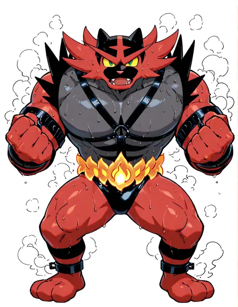 incineroar, high quality, male, solo, white background, no background, full body, thick arms, slightly open mouth, looking at viewer, wide stance, black speedos, green eyes, yellow sclera, wide chest, wide shoulders, steaming, steam, slightly open mouth, (...