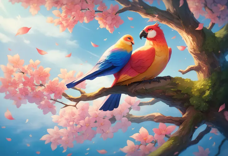  brightly colored birds perched on branches 、There are leaves in the background ,   colorful HD images  , Colorful 8k,  beautiful、 and colorful , Colorful Birdsと長い,  4k highly detailed digital art ,  beautiful4Kアート, Colorful 4k,  brightly colored parrot pa...