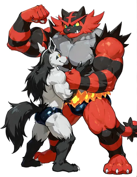 incineroar, mightyena, anthro, high quality, male, duo, two characters, white background, no background, incineroar posing, full body, incineroar has thick arms, mightyena touching incineroar, touching chest, looking at each other, incineroar wide stance, ...