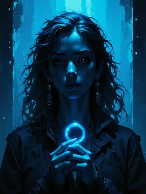 A silhouette of a sad woman with dark wavy hair, ((very pale skin)), ((((holding key)))), in a pure white dress, looking down, frontal shot, portrait, close up, thick mist, ((((deep dark sapphire blue color)))), at night, darkness, shadow, masterpiece, dig...
