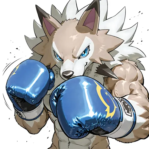 midday lycanroc, digimon (creature), high quality, male, solo, white background, no background, looking at viewer, posing, half body, muscular, wearing blue boxing_gloves, pov_boxing, boxing posture, boxing stance, front view, (punching_the_viewer), blue e...