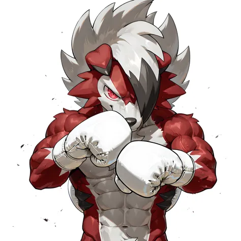 midnight_lycanroc, high quality, male, solo, white background, no background, looking at viewer, posing, half body, muscular, wearing white boxing_gloves, pov_boxing, boxing posture, boxing stance, front view, (punching_the_viewer)