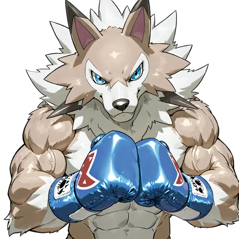 midday lycanroc, digimon (creature), high quality, male, solo, white background, no background, looking at viewer, posing, half body, very muscular, wearing blue boxing_gloves, pov_boxing, boxing posture, boxing stance, front view, blue eyes, bulging muscl...
